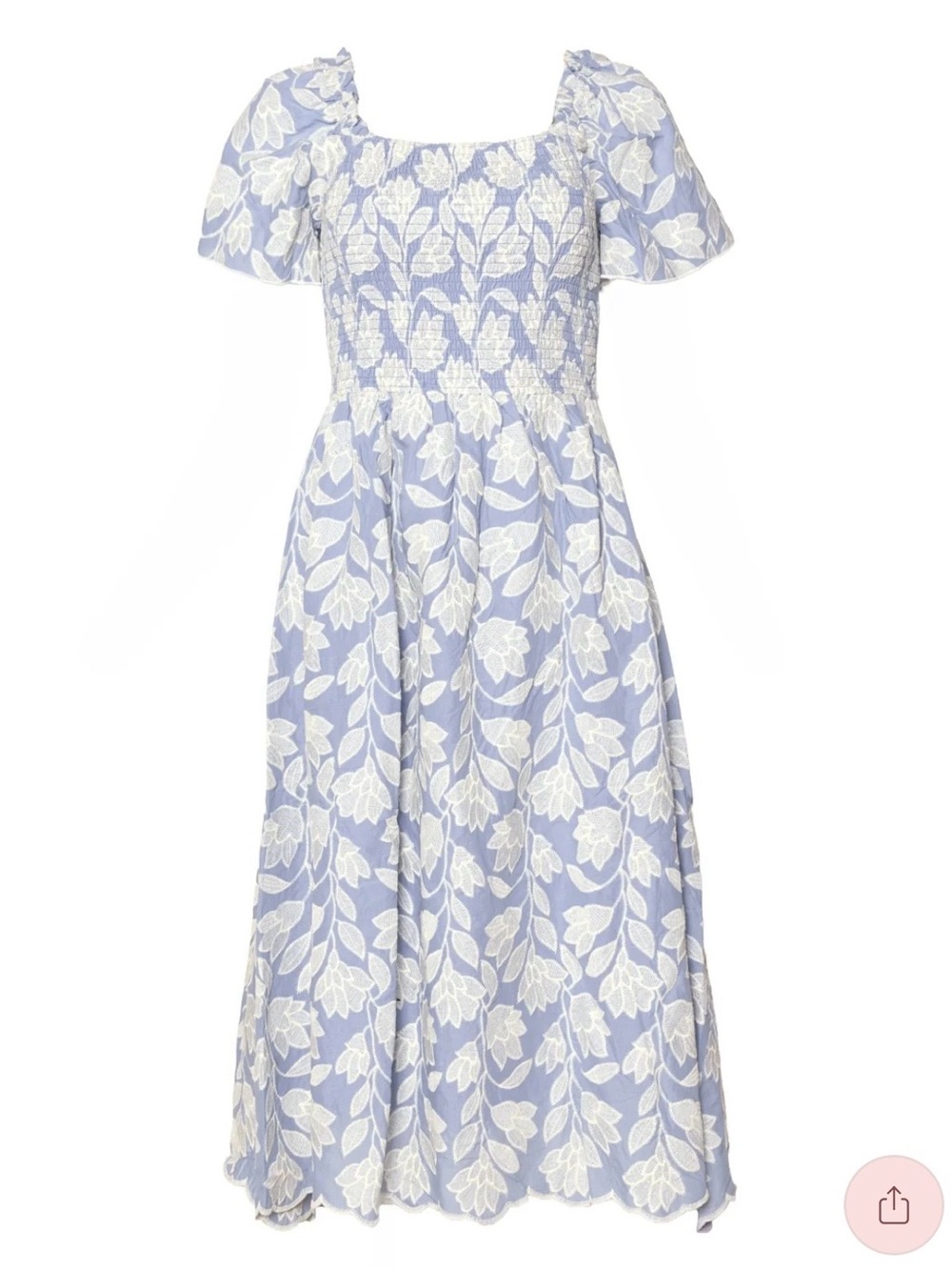 Ivy City Co Light Blue and White Floral Lace Smocked Midi Dress - Picture 3 of 4